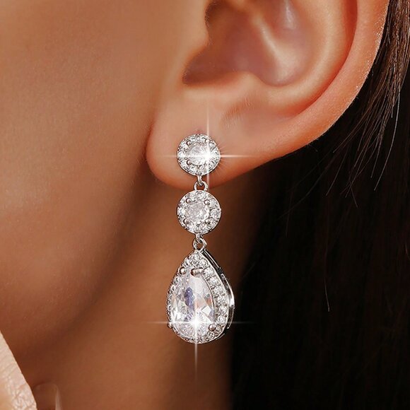 Silver Elegant Women's Water Drop Dangle Earrings - Picture 2 of 7